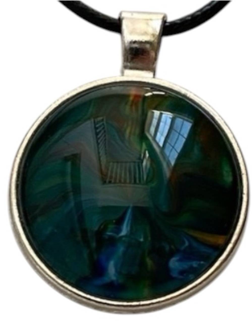 Hand Crafted Fluid Art Necklace Blue and Green Pendant by Svetlana Yeung